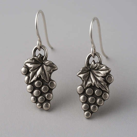 Bedrock Rose sterling silver grape bunch dangle earrings with leaf detail. Playful design.
