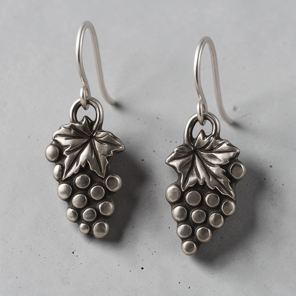 Bedrock Rose sterling silver dangle earrings featuring a detailed grape cluster design with leaves on silver wires.