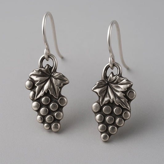 Bedrock Rose sterling silver grape bunch dangle earrings with leaf detail. Playful design.