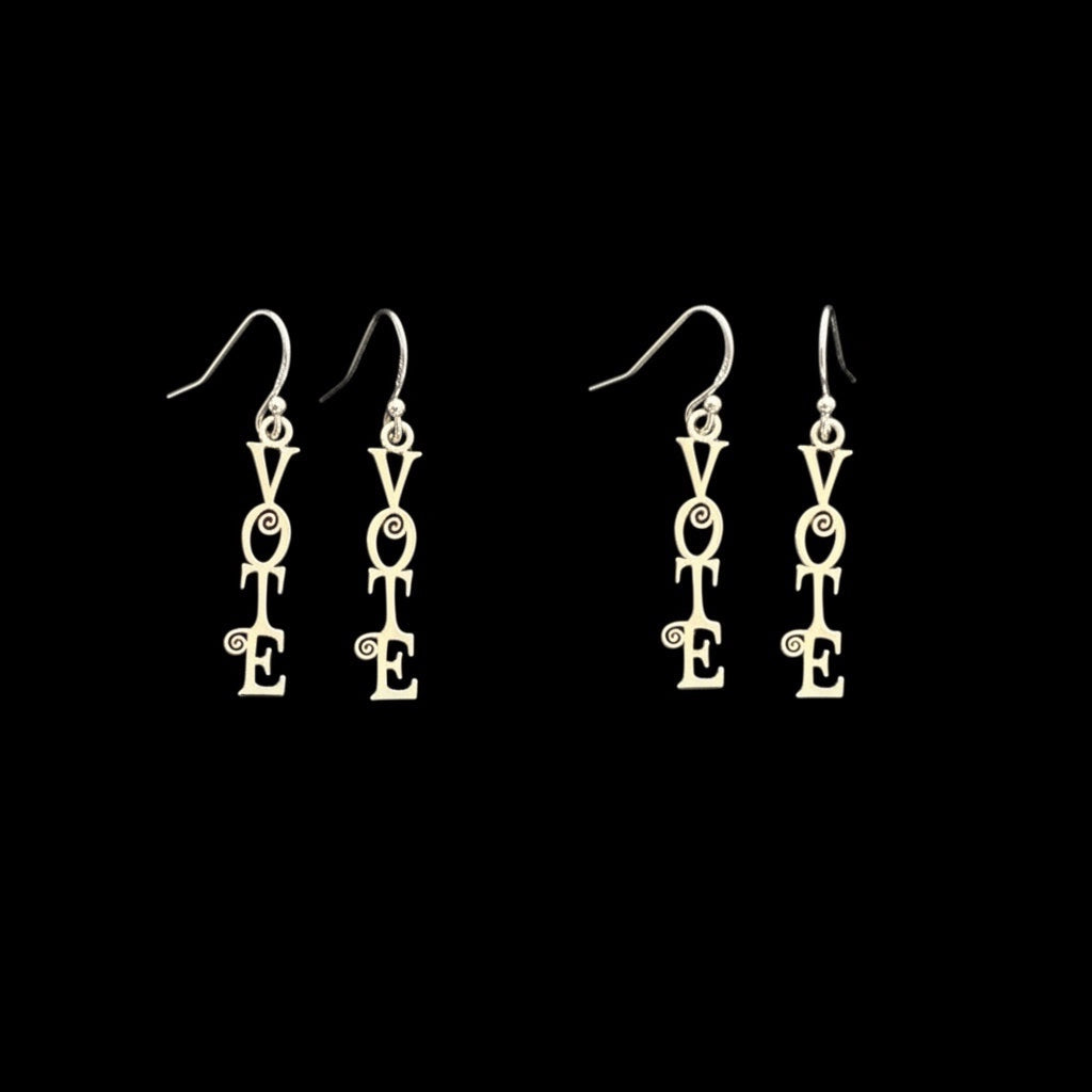 Bedrock Rose Sterling Silver Vote Dangling Earrings with scroll detail. A ruler shows the earrings are approximately 1.5 inches long.