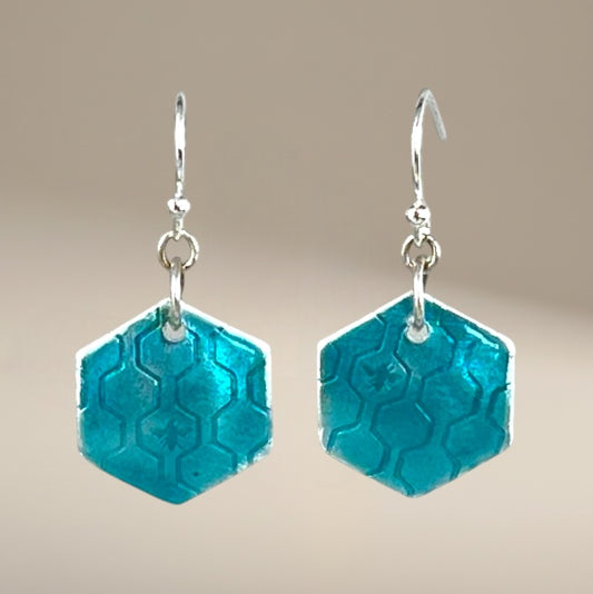 Bedrock Rose turquoise green hexagon dangling earrings with honeycomb pattern and bee detail.