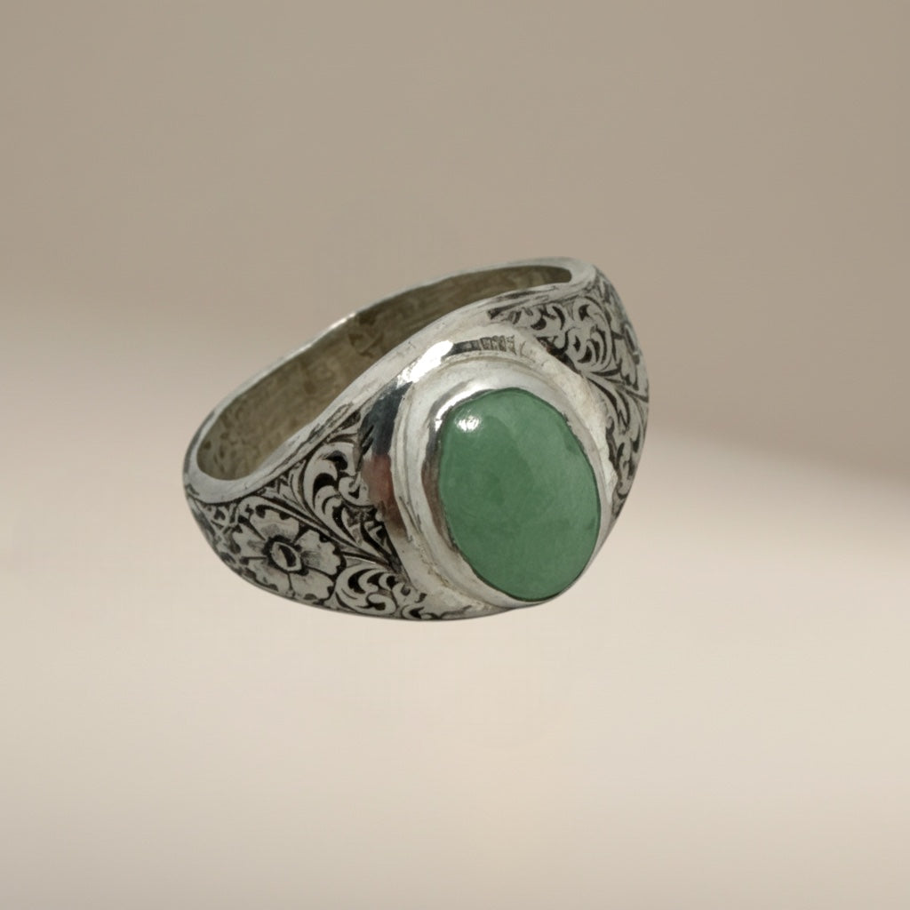 Bedrock Rose sterling silver signet ring with oval variscite gemstone and floral engravings. Size 8.5.