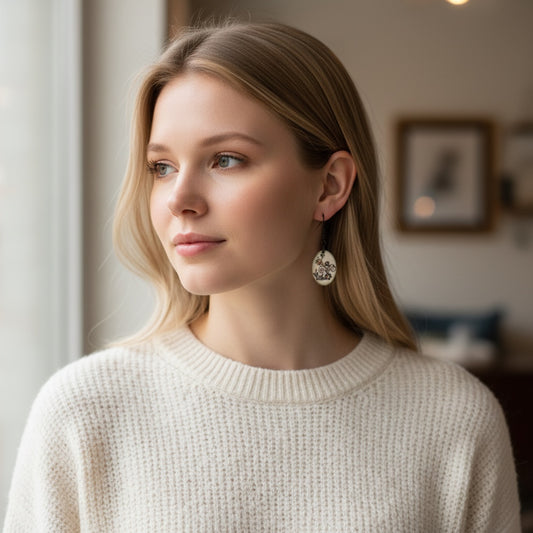 Bedrock Rose petite oval dangle earrings with black floral scroll enamel on white. Small botanical design.