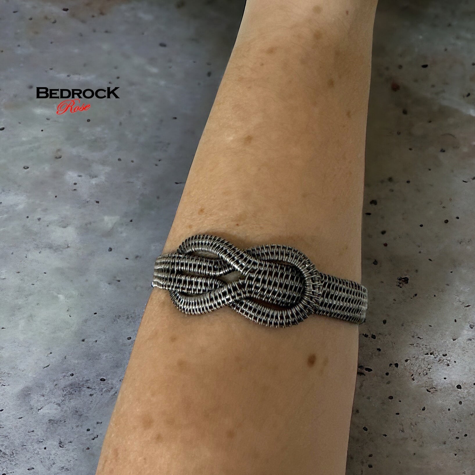 Woven sterling silver cuff with infinity symbol, Intricate silver wire jewelry bracelet