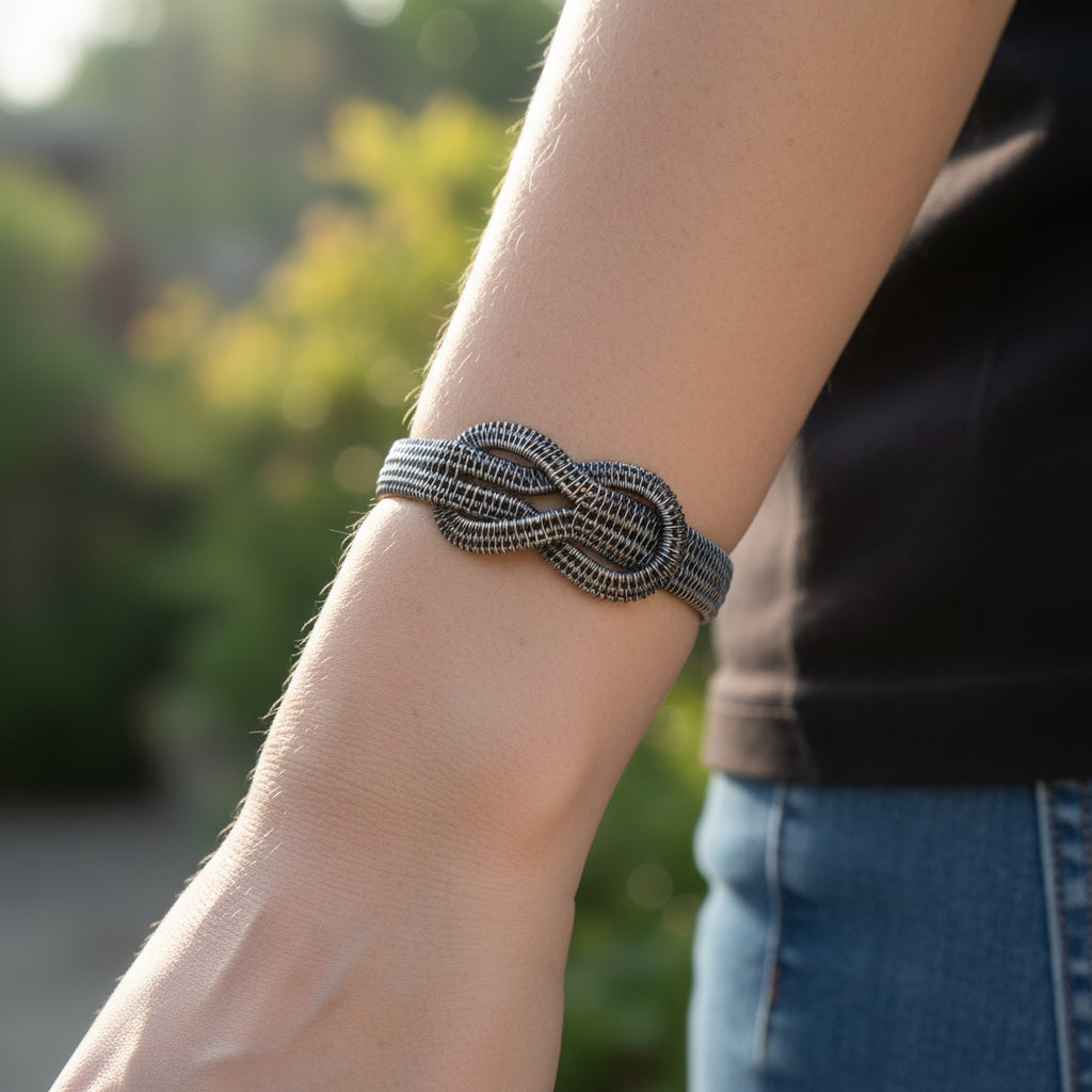 Bedrock Rose woven sterling silver infinity bracelet worn on a wrist, featuring a detailed eternal love knot design.