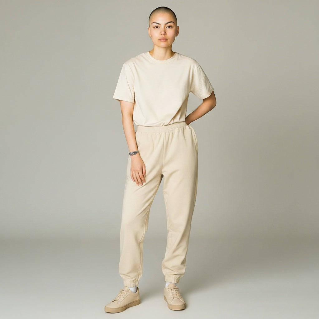 Bedrock Rose woven sterling silver infinity bracelet worn by a model in a beige t-shirt and matching joggers