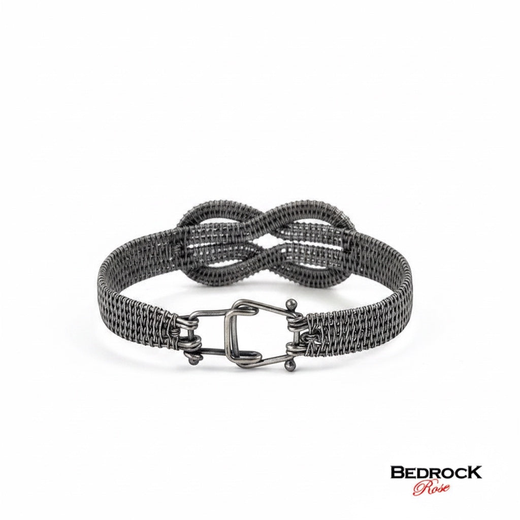 Bedrock Rose woven sterling silver infinity bracelet with a secure hook clasp for a large wrist