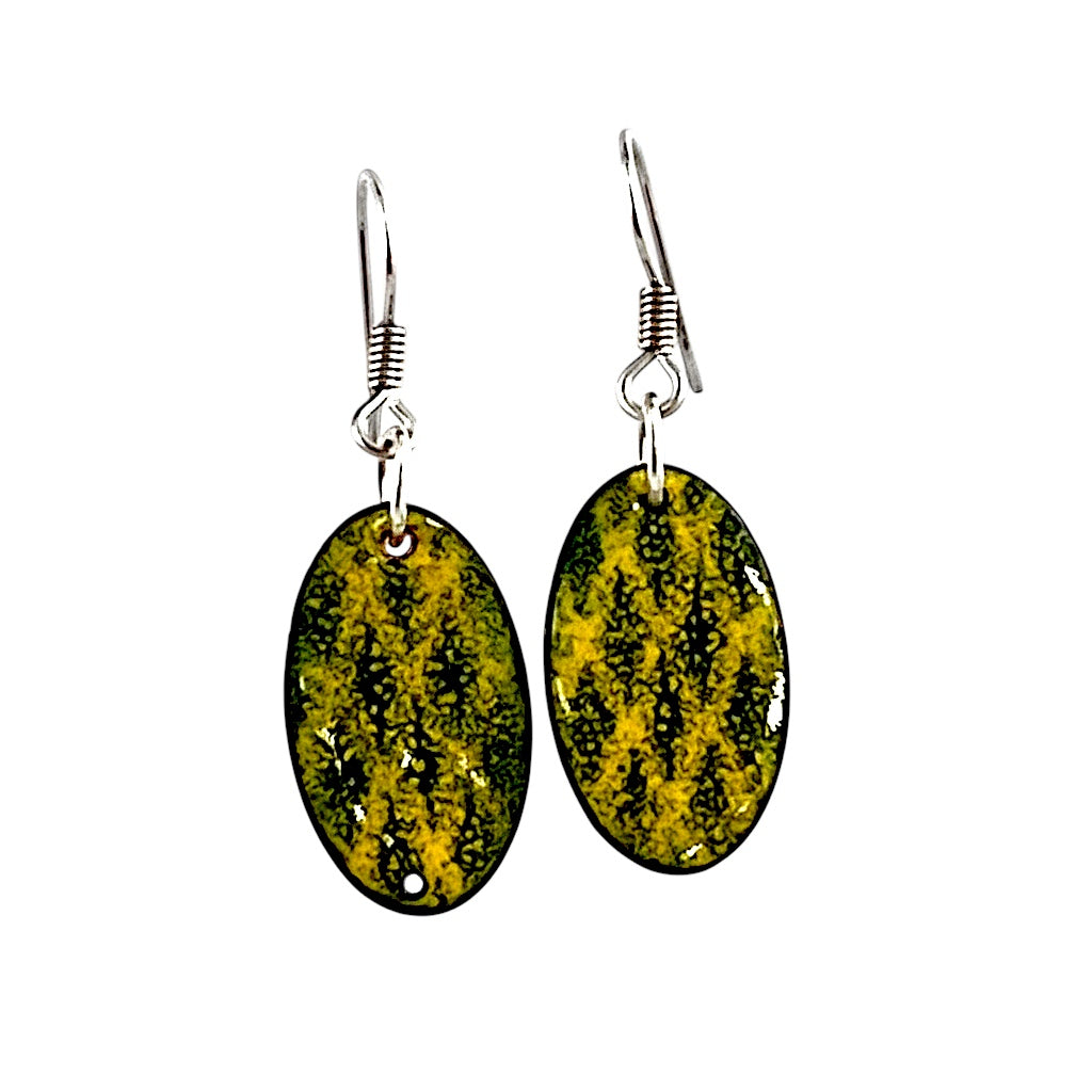 Bedrock Rose yellow and black oval dangling earrings with black diamond accents.