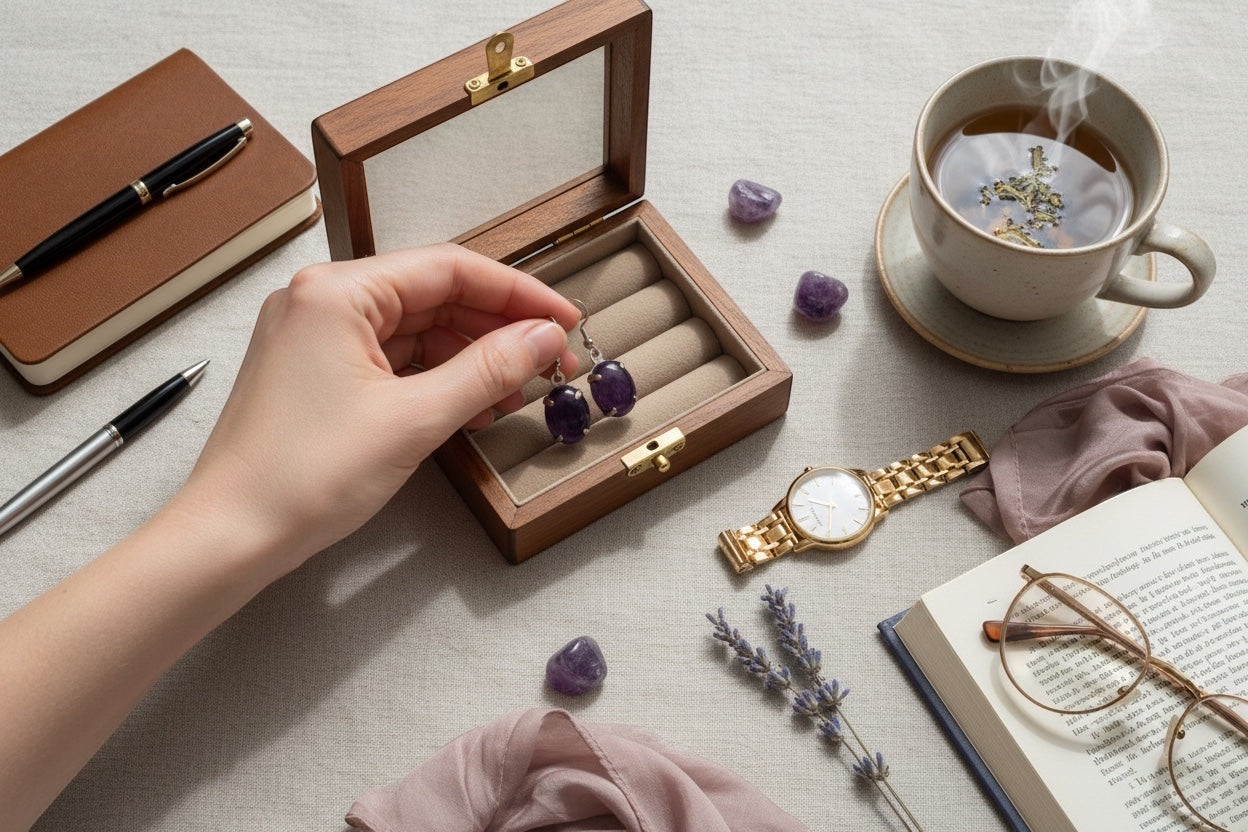Bedrock Rose amethyst prong set dangle earrings in a wooden jewelry box, with loose amethyst stones, a gold watch, and a cup of tea.