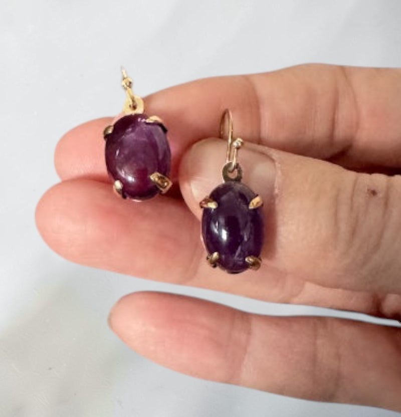 Bedrock Rose oval amethyst prong set dangle earrings in gold.