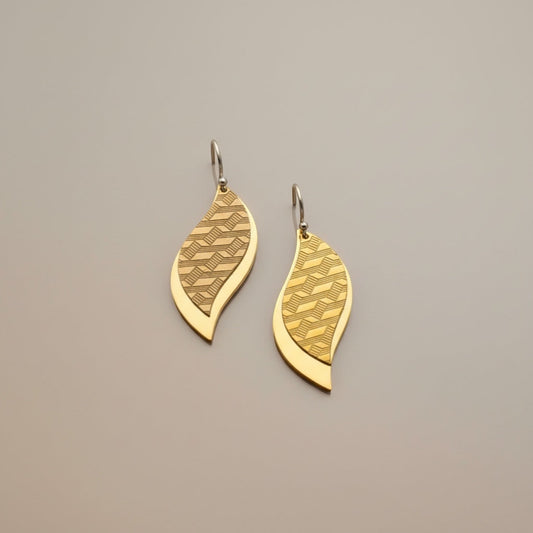 Bedrock Rose Art Deco geometric etched brass leaf dangle earrings with layered design and subtle movement.
