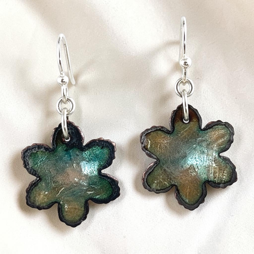 Bedrock Rose glossy aurometal floral dangling earrings with a unique, iridescent finish.