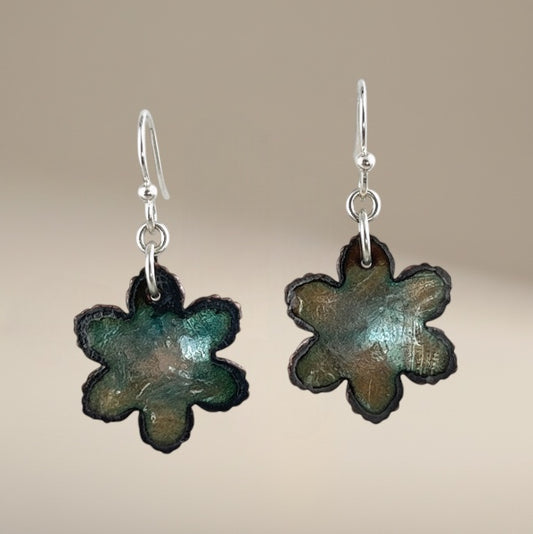 Bedrock Rose glossy aurometal floral dangling earrings with a unique iridescent finish.
