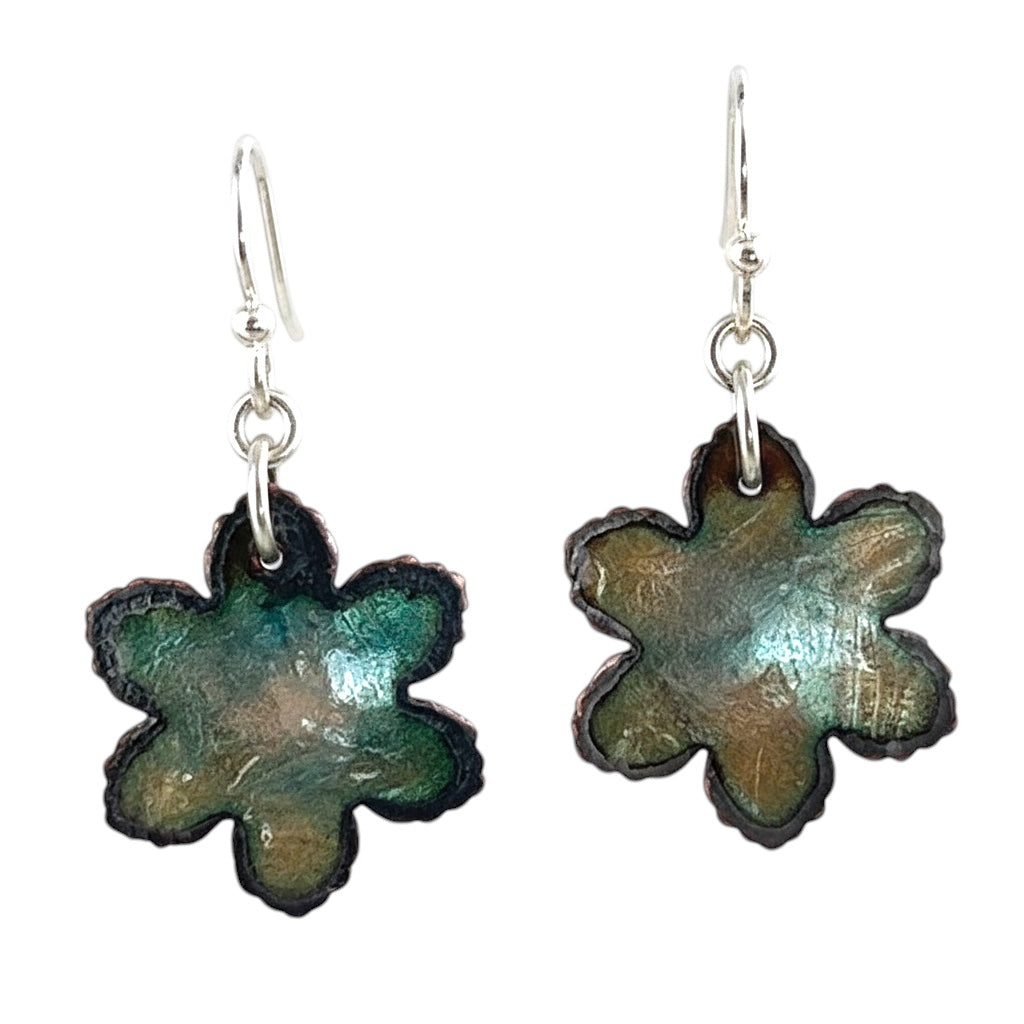 Bedrock Rose glossy aurometal floral dangling earrings with a unique, iridescent finish.