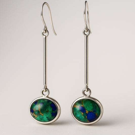 Bedrock Rose drop-dangle earrings with oval azurite malachite gemstones in blue and green, set in sterling silver.