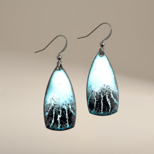Bedrock Rose black and white enamel teardrop dangle earrings with artful black framing and white enamel.