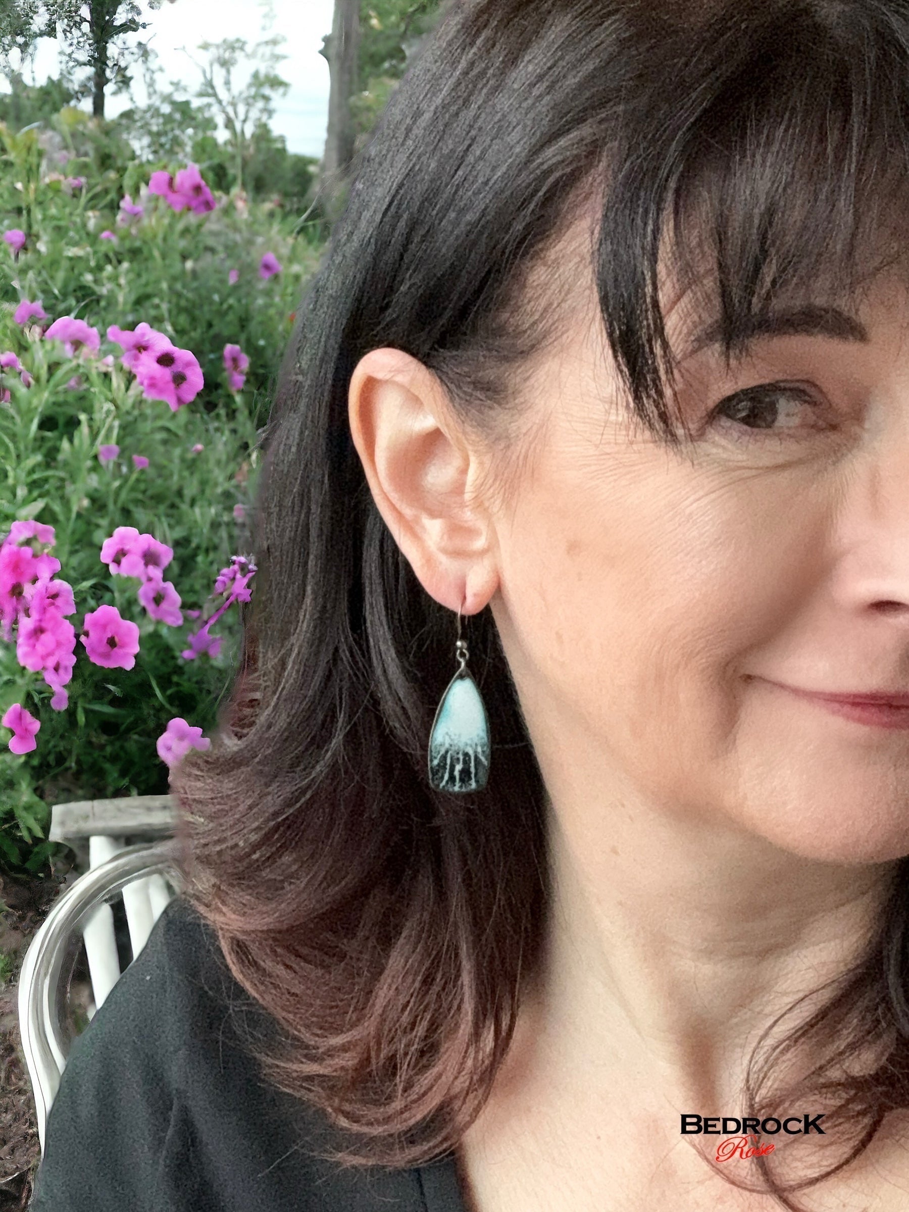 Black and White Enamel Dangling Earrings Bedrock Rose, Chic Design Jewelry, Birthday gift