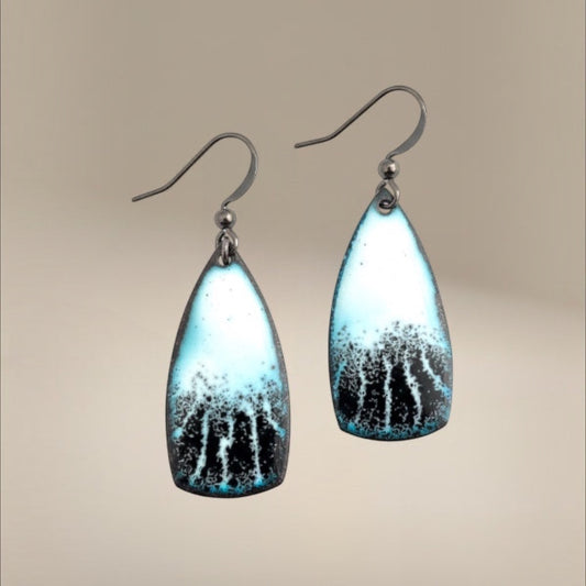 Bedrock Rose black and white enamel teardrop dangle earrings with artful black framing and white enamel.