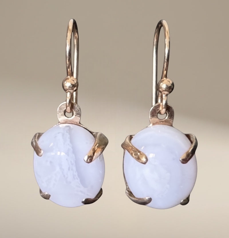 Bedrock Rose blue lace agate prong set dangle earrings with gold hooks.