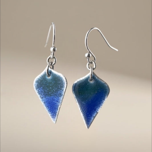 Bedrock Rose blue and green arabesque enamel dangle earrings with surgical steel ear wires.