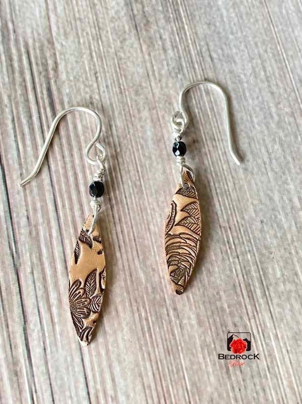 Warm Rose Bronze Rose Patterned Pointy Oval Necklace and Dangling Earrings, Glamorous Engraved Jewelry