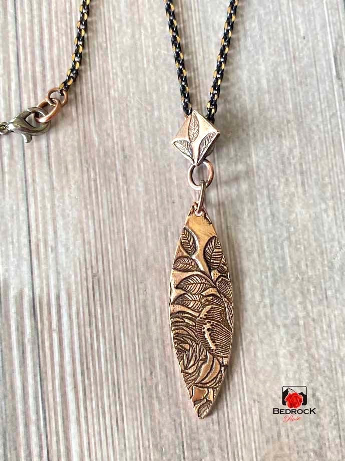 Warm Rose Bronze Rose Patterned Pointy Oval Necklace and Dangling Earrings, Glamorous Engraved Jewelry