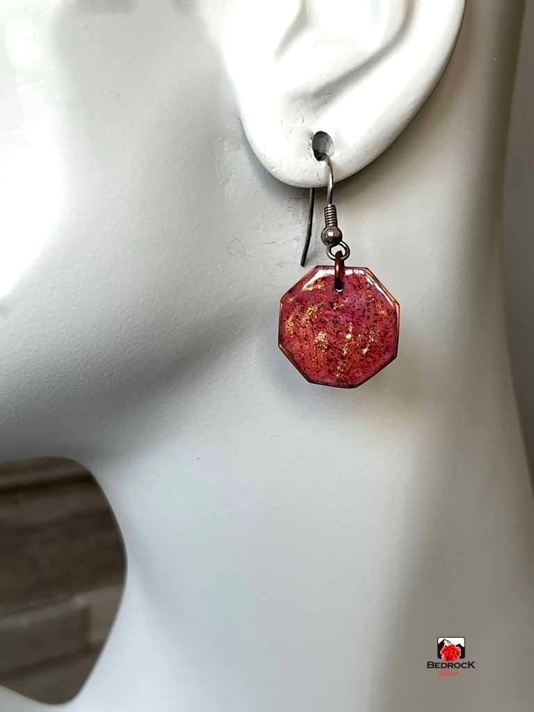 Bedrock Rose burnt umber geometric dangling earrings with gold flecks and surgical steel ear wires.