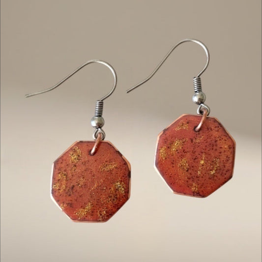 Bedrock Rose burnt umber geometric dangling earrings with surgical steel ear wires.