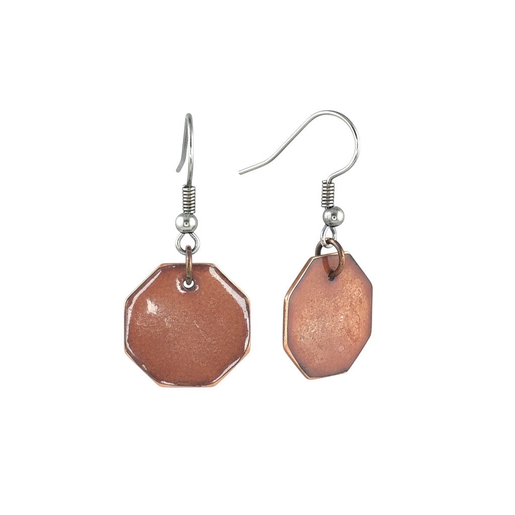 Bedrock Rose shimmery burnt umber octagon dangling earrings with surgical steel ear wires.