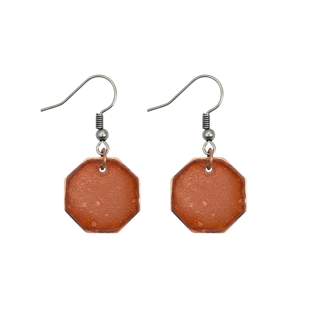 Bedrock Rose shimmery burnt umber octagon dangling earrings with gold mica flecks and surgical steel ear wires.