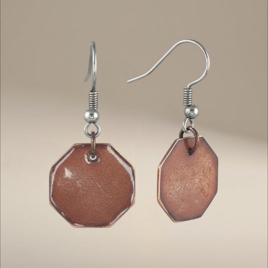 Bedrock Rose shimmery burnt umber octagon dangling earrings with gold mica flecks and surgical steel ear wires.
