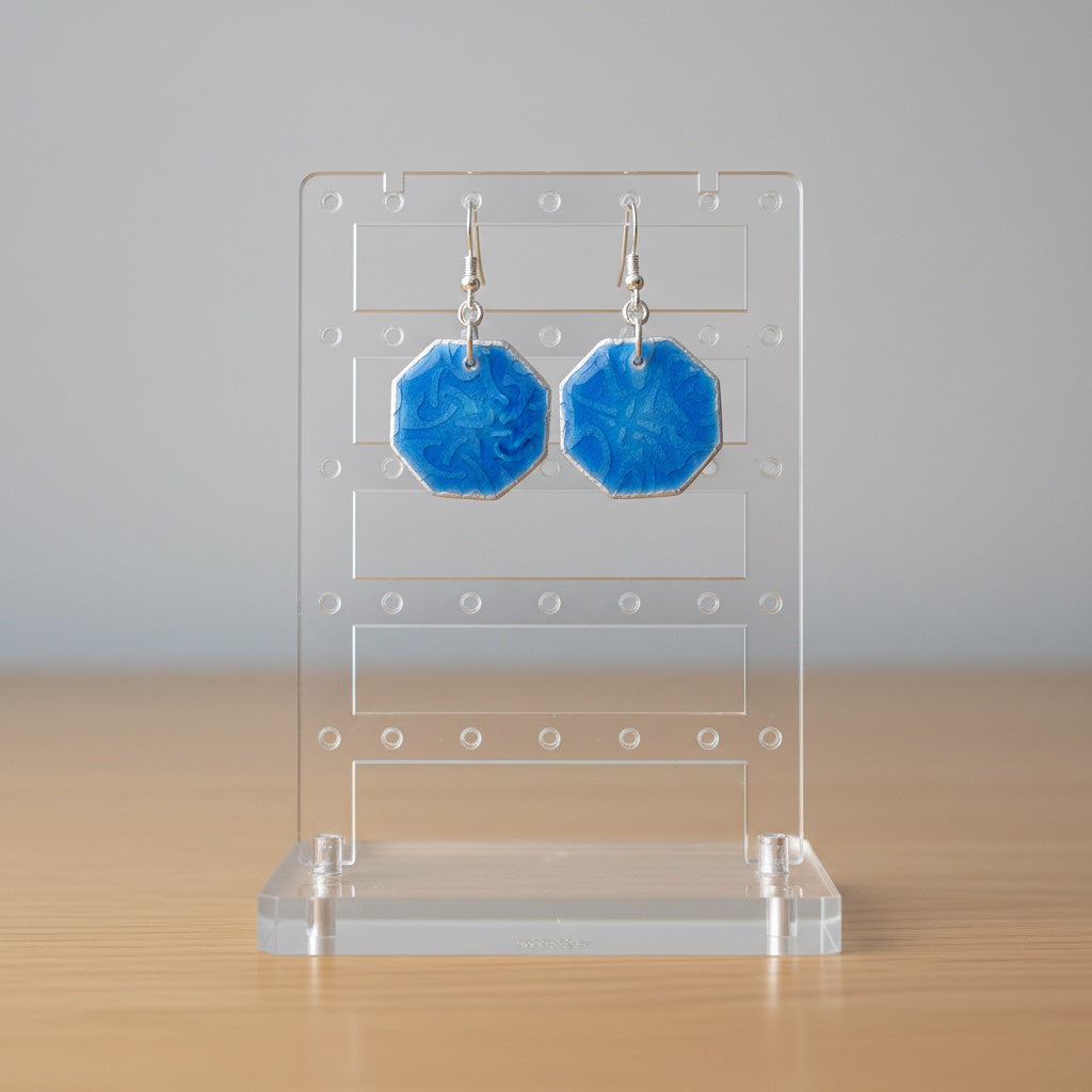 Bedrock Rose cerulean sea transparent enamel earrings with roll-printed fine silver and vitreous glass dangles.
