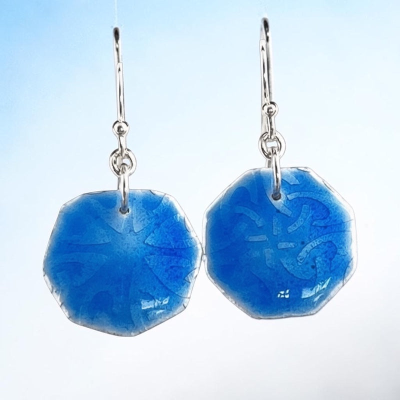 Bedrock Rose cerulean sea transparent enamel earrings with roll-printed fine silver and vitreous glass dangles.