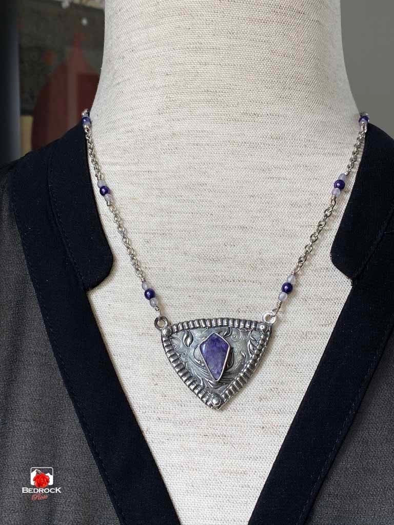 Charming Charoite with Silver Vine Pendant Bedrock Rose, Purple Gemstone, Siberian Charoite, Handcrafted Pendant, Elegant Gift