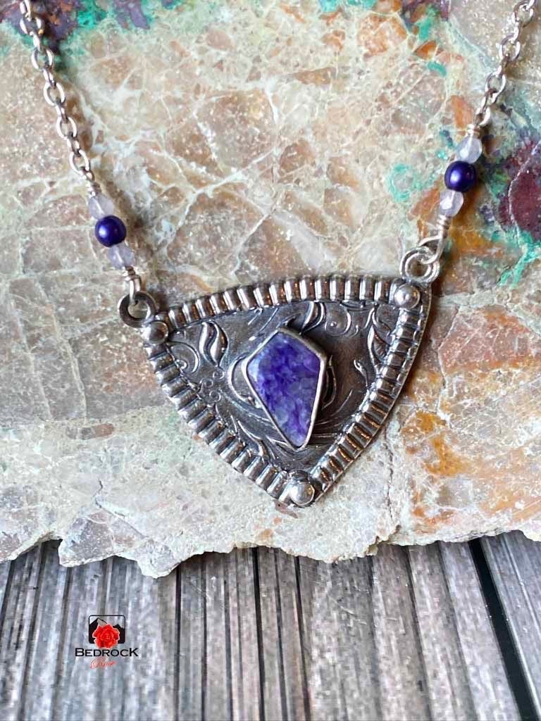 Charming Charoite with Silver Vine Pendant Bedrock Rose, Purple Gemstone, Siberian Charoite, Handcrafted Pendant, Elegant Gift