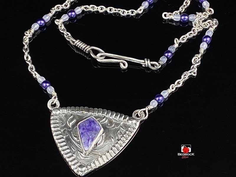 Charming Charoite with Silver Vine Pendant Bedrock Rose, Purple Gemstone, Siberian Charoite, Handcrafted Pendant, Elegant Gift