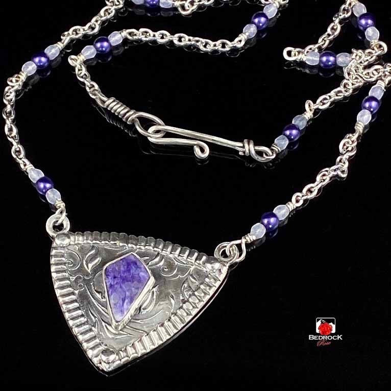 Charming Charoite with Silver Vine Pendant Bedrock Rose, Purple Gemstone, Siberian Charoite, Handcrafted Pendant, Elegant Gift