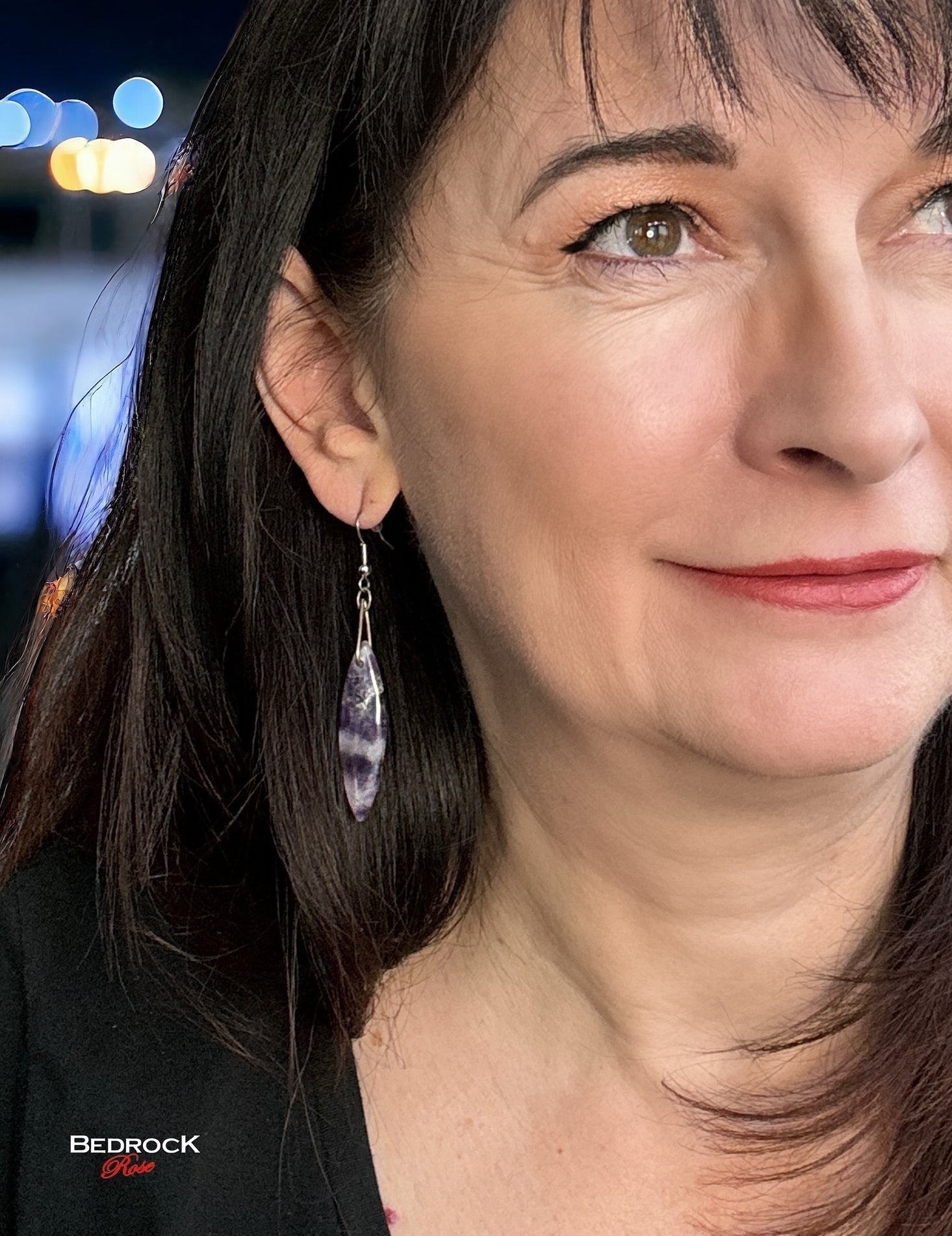 Bedrock Rose marquise-shaped chevron amethyst dangling earrings with silver-tone hooks.