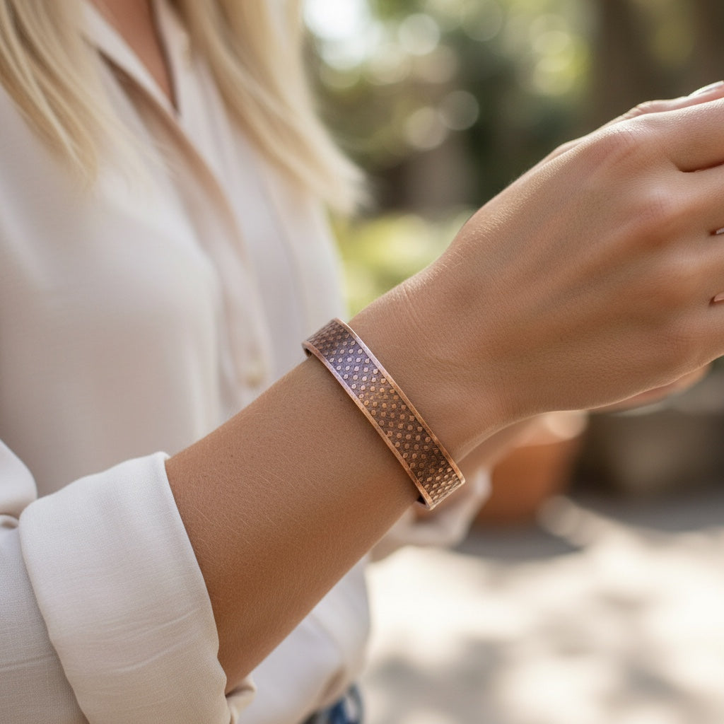 Bedrock Rose ombre diamond textured copper cuff bracelet with an adjustable opening.
