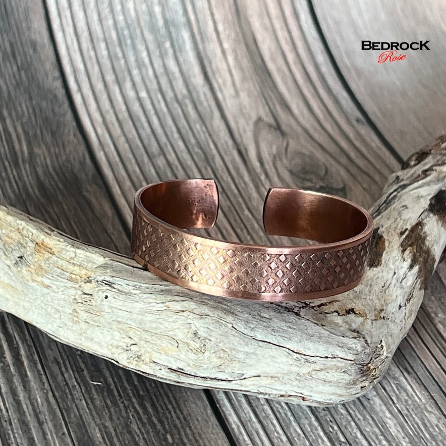 Bedrock Rose copper cuff bracelet with ombre diamond texture, adjustable open cuff design.