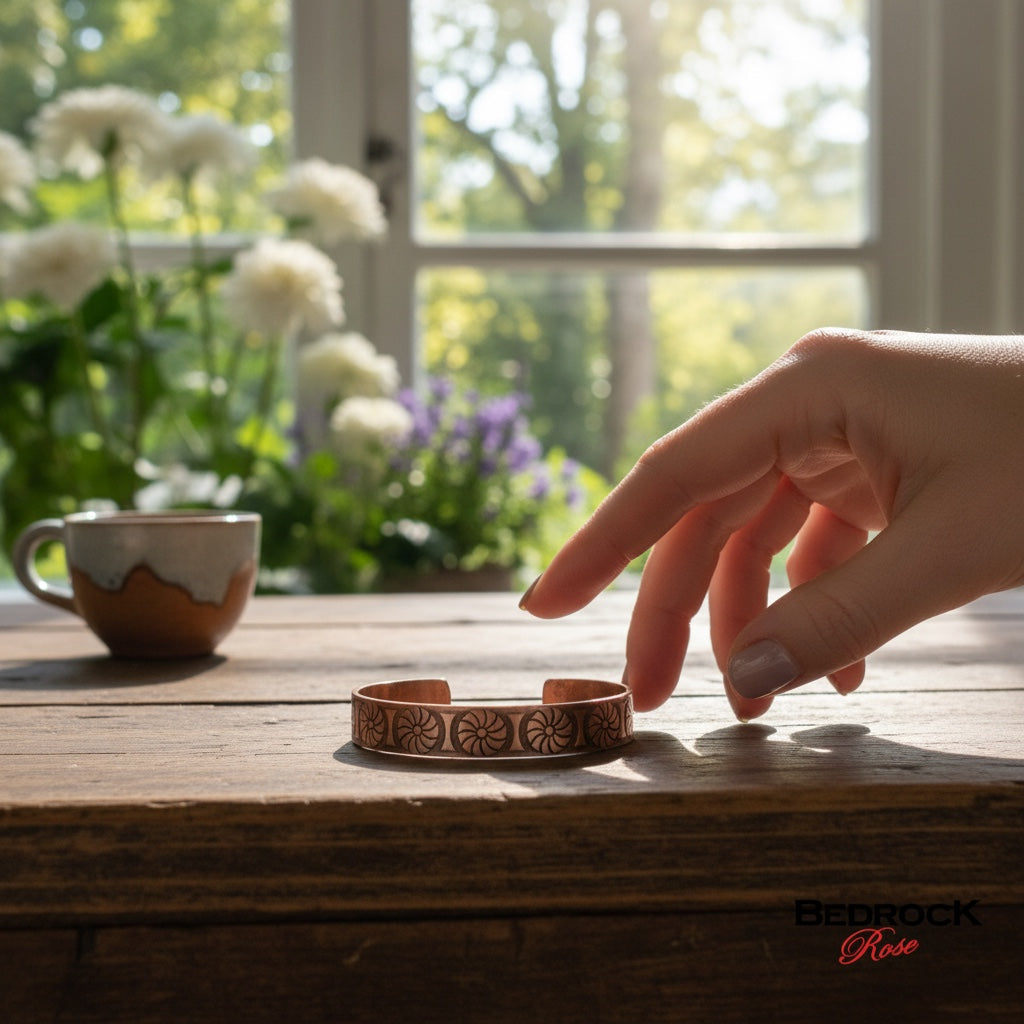 Bedrock Rose copper cuff bracelet with intricate pinwheel pattern and antiqued finish.
