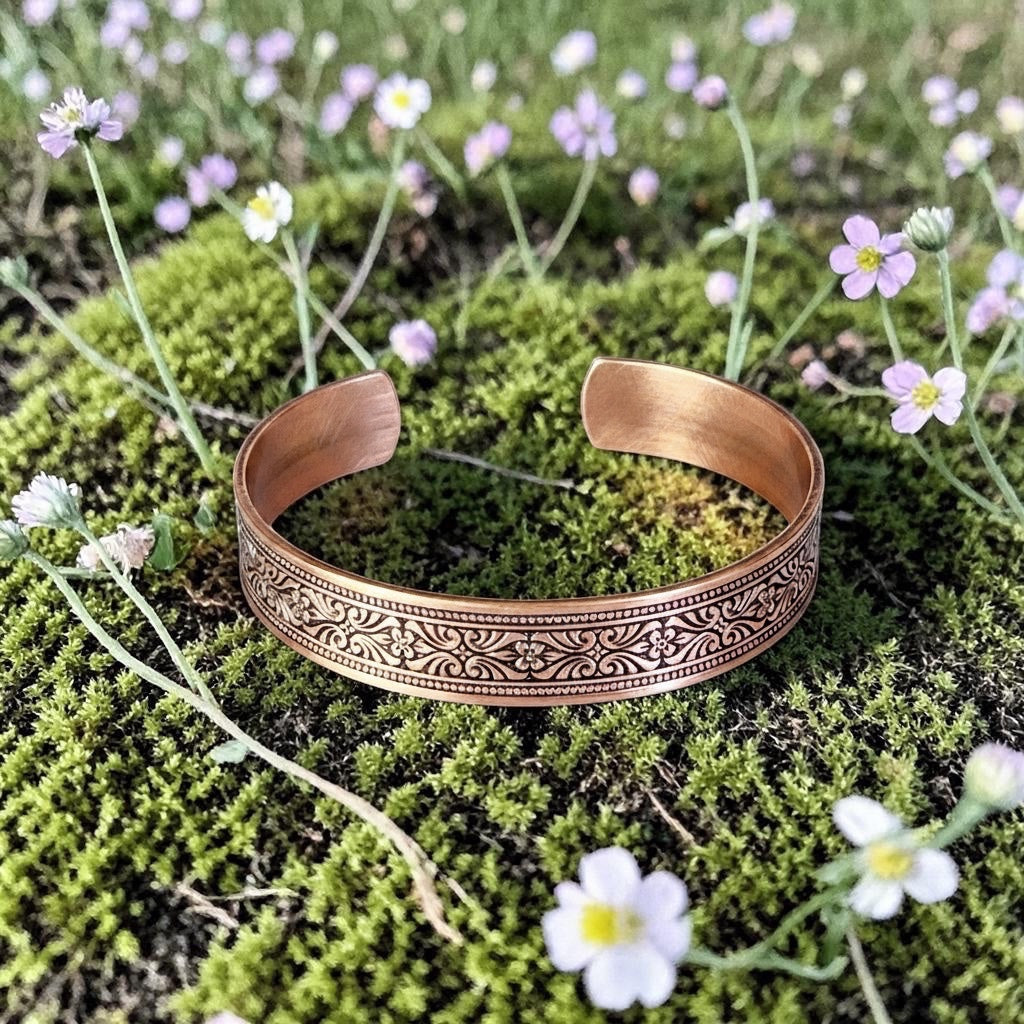 Bedrock Rose copper cuff bracelet with intricate scrollwork and floral details. Polished finish.