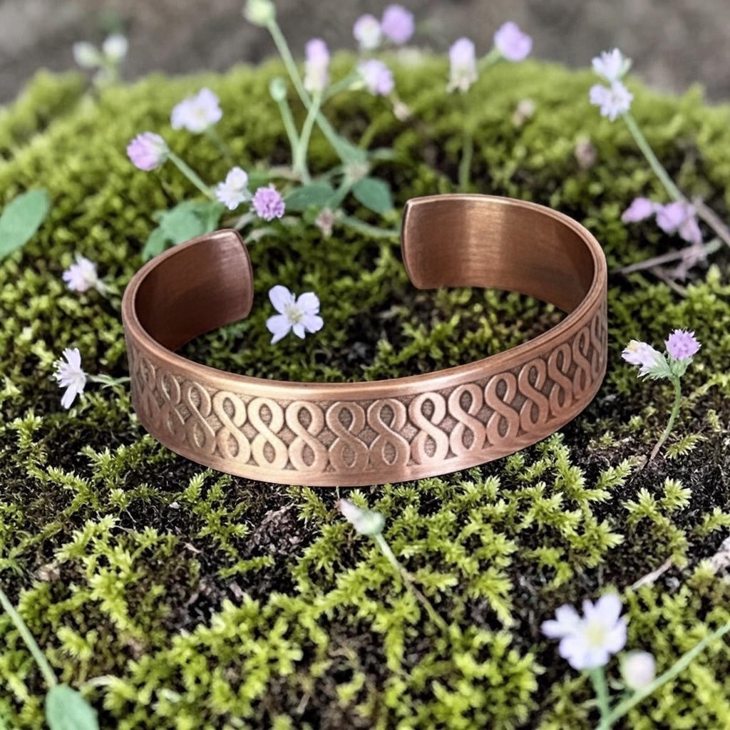 Bedrock Rose Ombre Infinity Copper Cuff with antiqued finish and infinity pattern. Adjustable bracelet for casual or formal wear.