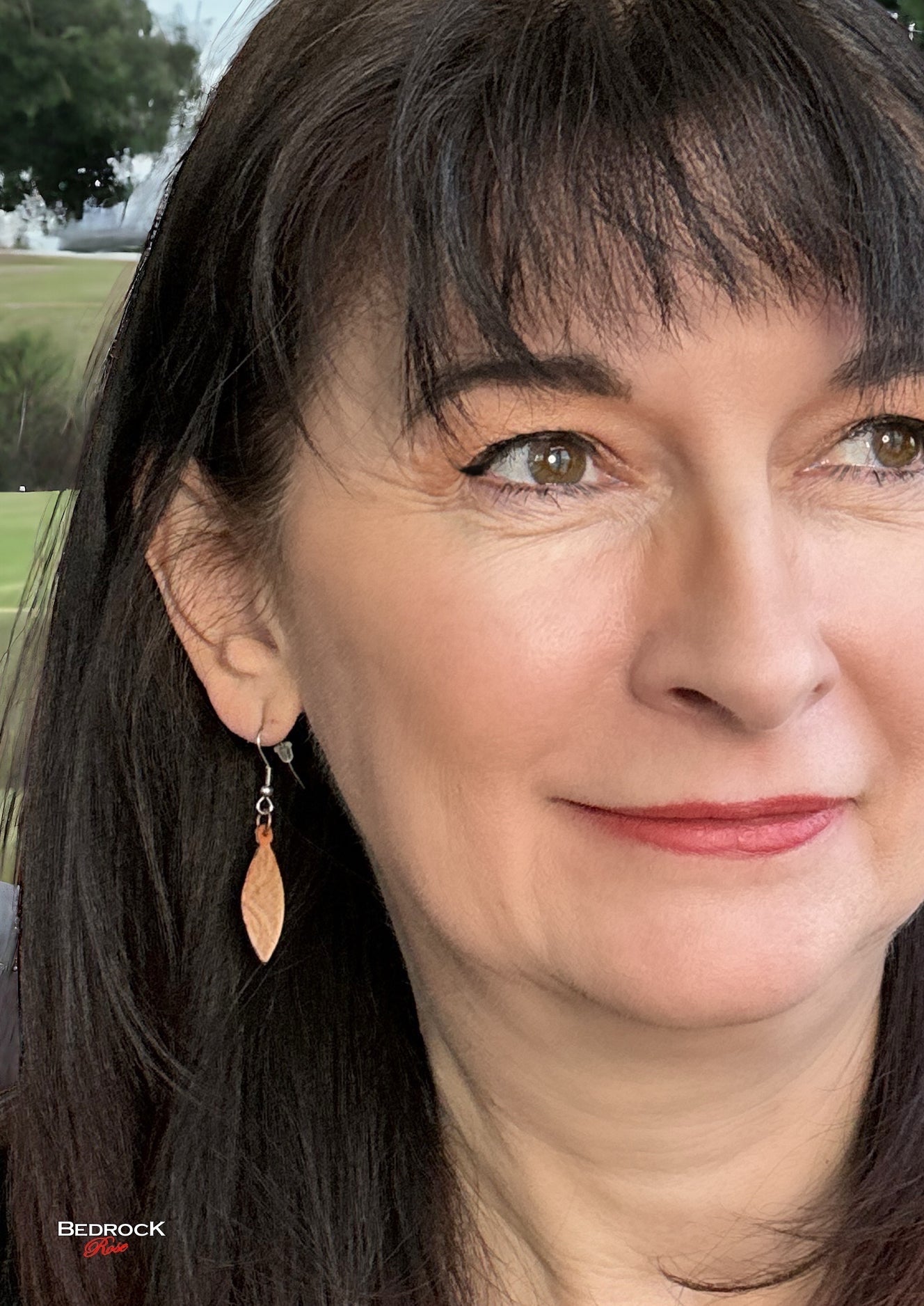 Pointy Oval Copper Dangling Earrings with Transparent Enamel,  Bedrock Rose