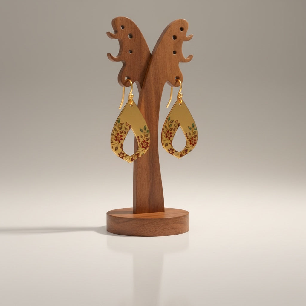 Bedrock Rose gold teardrop dangle earrings with hand-painted crimson floral vine detail.