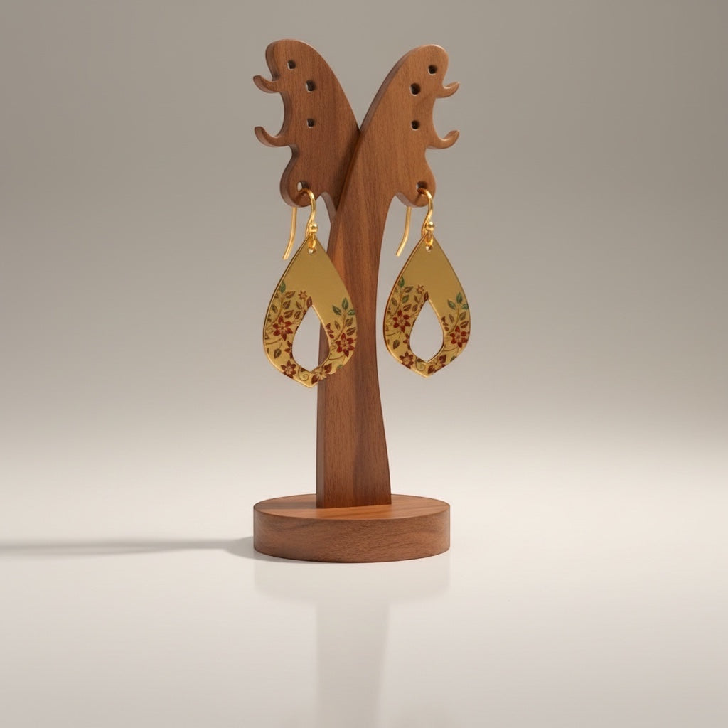 Bedrock Rose gold teardrop dangle earrings with hand-painted crimson floral vine detail.