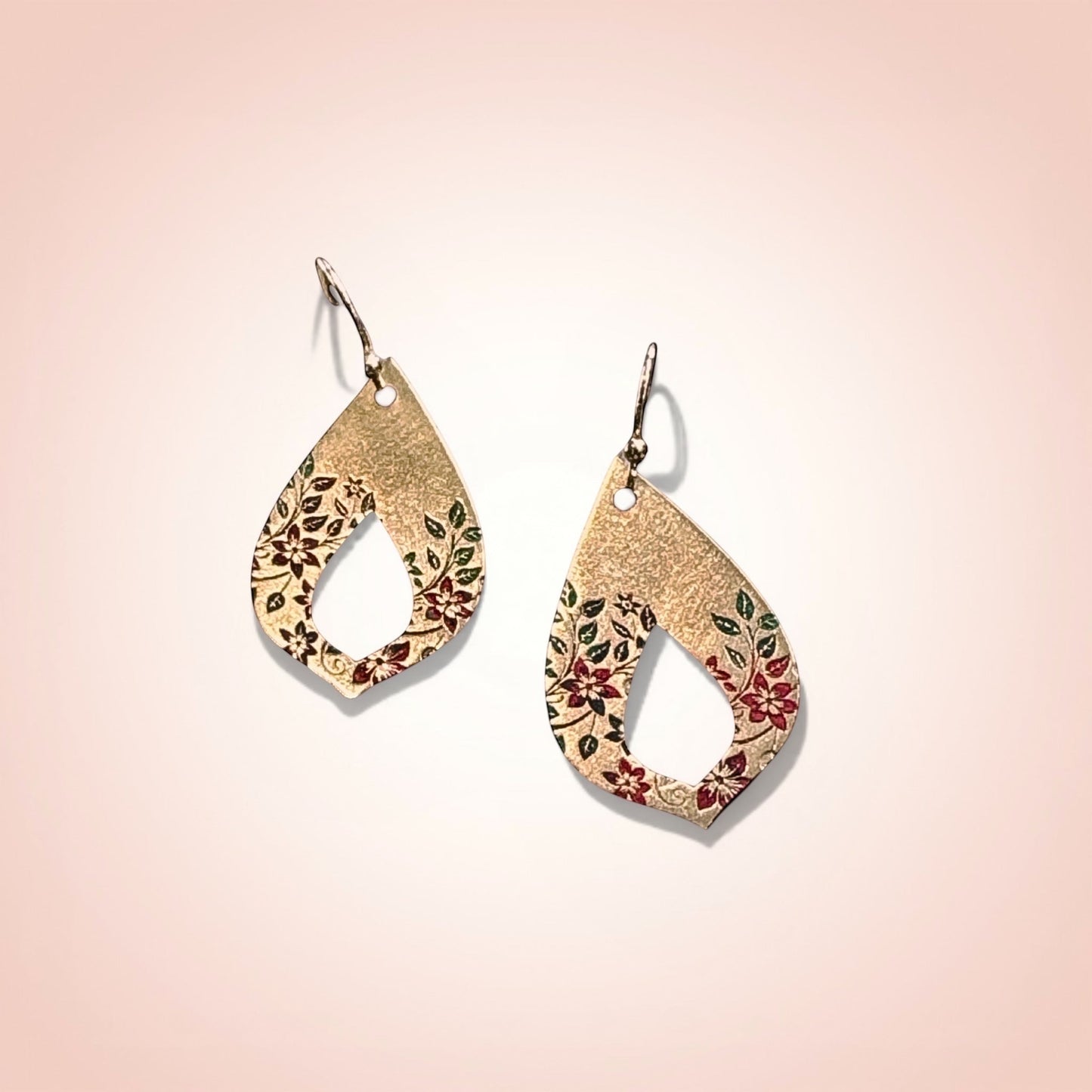 Bedrock Rose gold-plated teardrop earrings with hand-painted crimson floral design and green leaves.