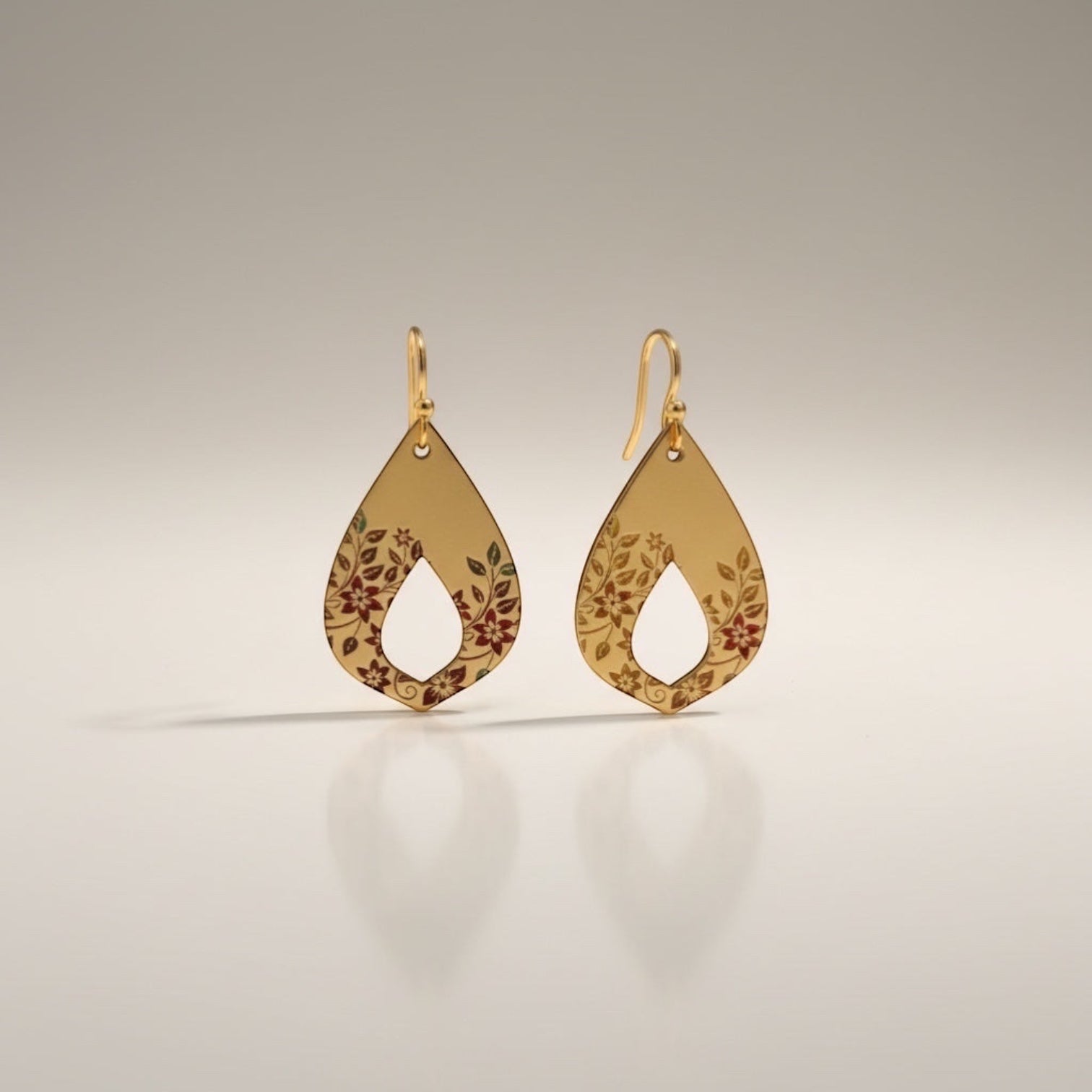 Bedrock Rose gold-plated teardrop earrings with hand-painted crimson floral design and open dangles.