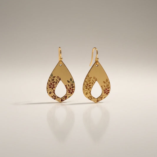 Bedrock Rose gold-plated teardrop earrings with hand-painted crimson floral design and open dangles.