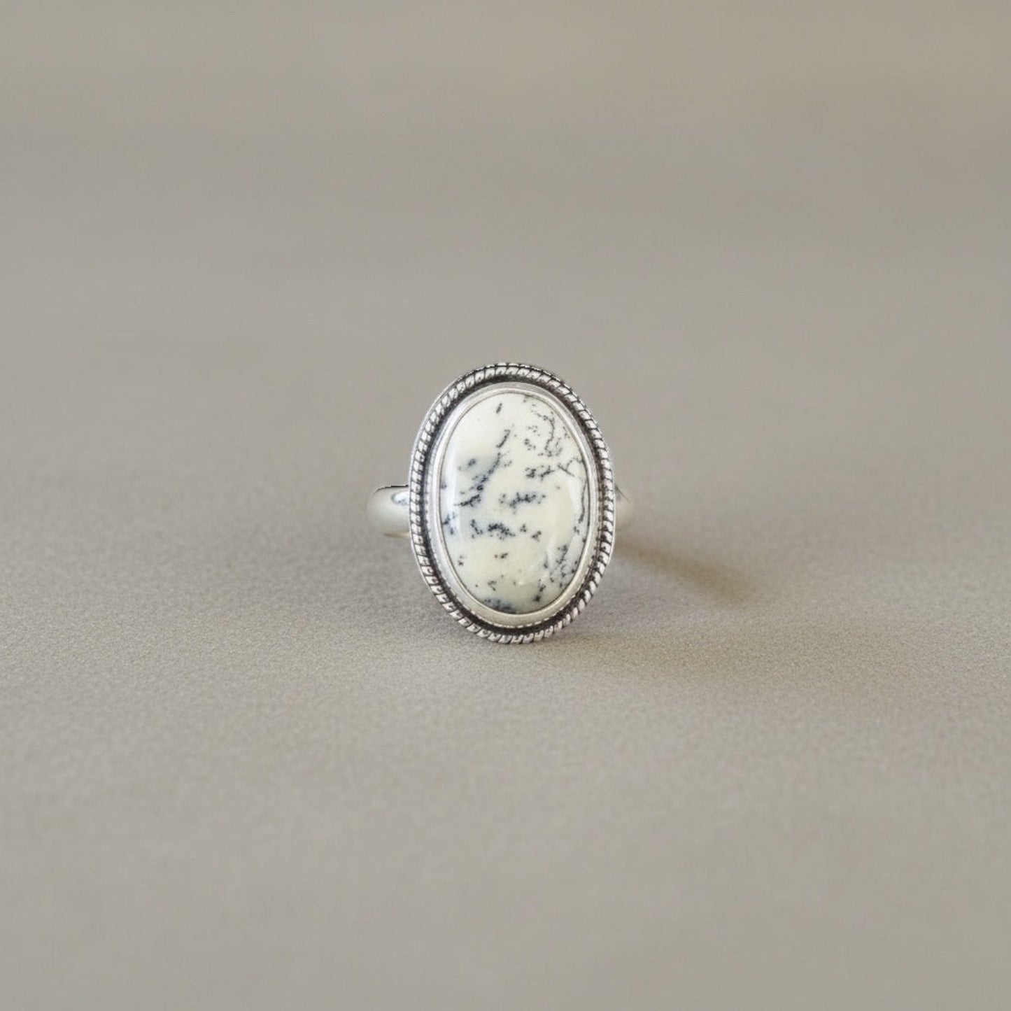 Bedrock Rose white dendritic opal statement ring with black inclusions in sterling silver, size 6.